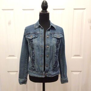 Focus Lifestyle Womens Medium Wash Embroidered Beaded Short Denim Jacket Size 6
